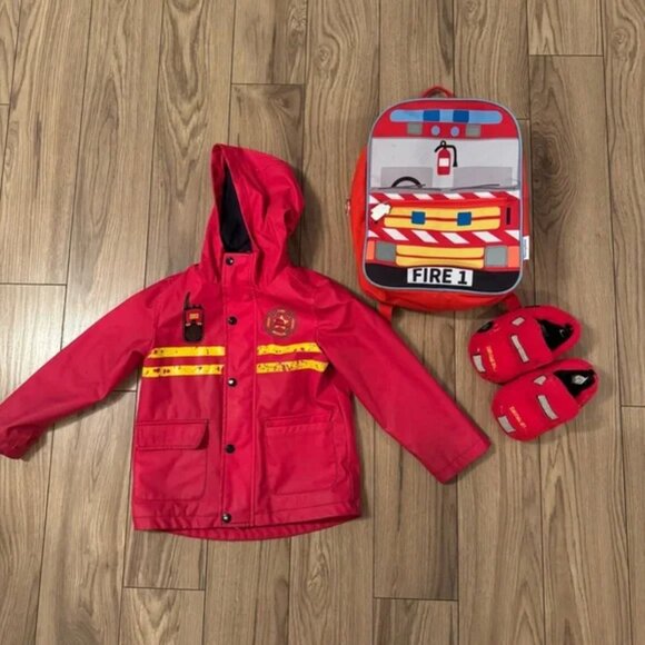 Firefighters bundle! rain jacket, backpack, slippers size 5T -7T, PJ size 5-6T - Picture 7 of 16